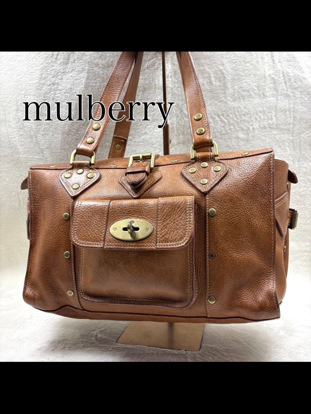 Mulberry Tan/Brown Leather Shoulder Satchel with Turn-Lock Front Pocket